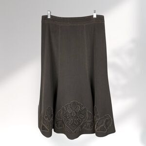 Cabi Womens Skirt 8 Brown A Line Flared Floral Applique Raw Edges Fray Boho Midi